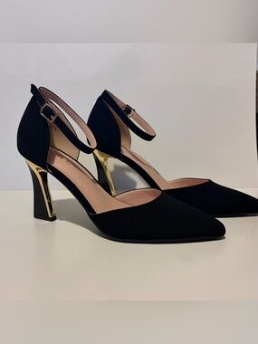 Black Ankle-Strap Mid-Heel Pumps with Gold Accent